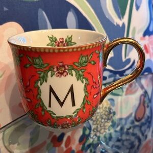 Anthropologie Lou Rita Red Floral Mug “M” with Gold Handle